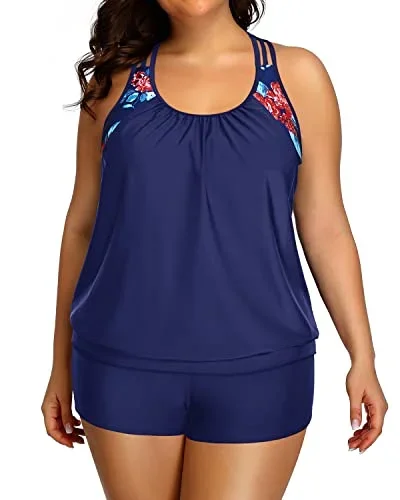 Womens Plus Size Tankini Swimsuit With Blouson Top And Shorts-Blue Floral