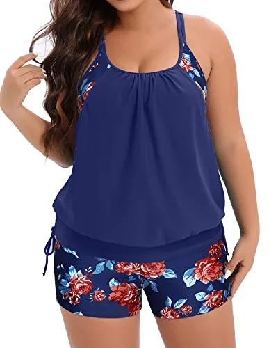 Women's Plus Size Non See Through Swim Boy Shorts Tankini Swimsuits-Blue Floral