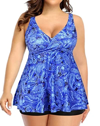 Plus Size High Waisted Boy Shorts Tankini Swimsuit For Women-Blue Tribal