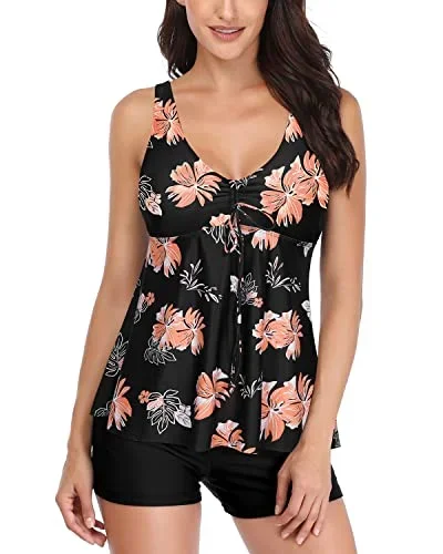 Vintage Swimsuits For Women Tank Top With Boy Shorts-Black Orange Floral