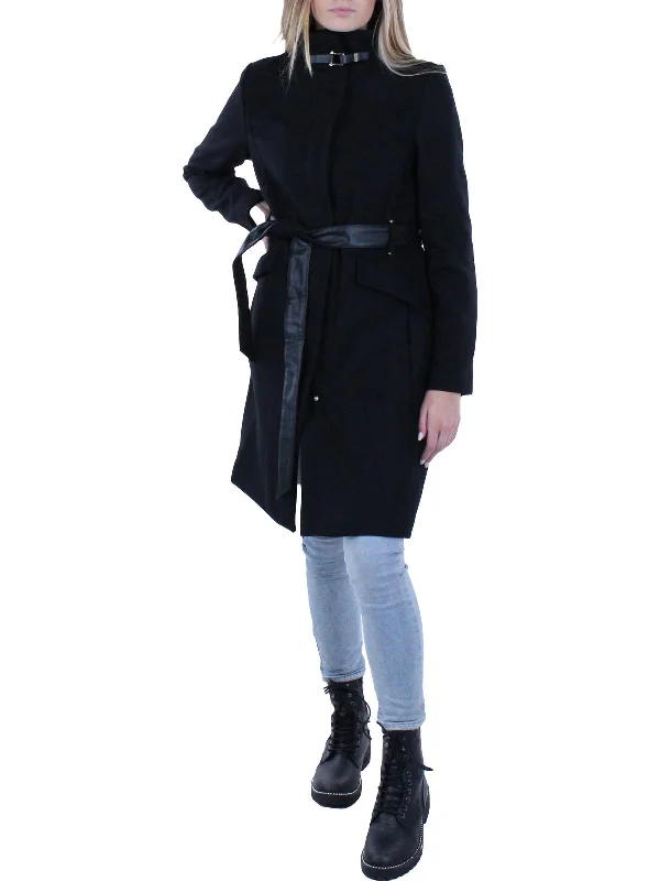 Womens Wool Blend Faux Leather Trim Wrap Coat